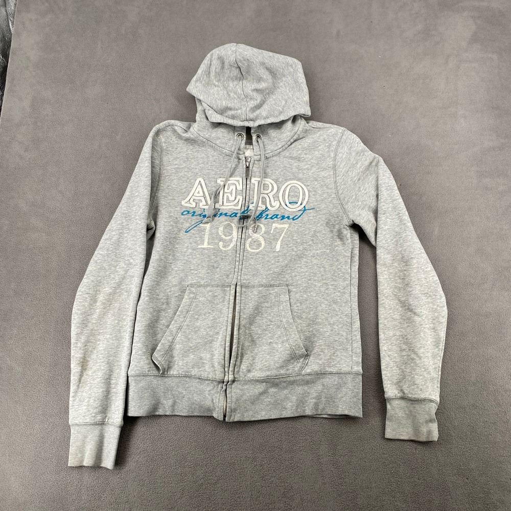 Aeropostale Mens Full Zip Hoodie Gray Aero 1987 Applique Logo Y2K Large